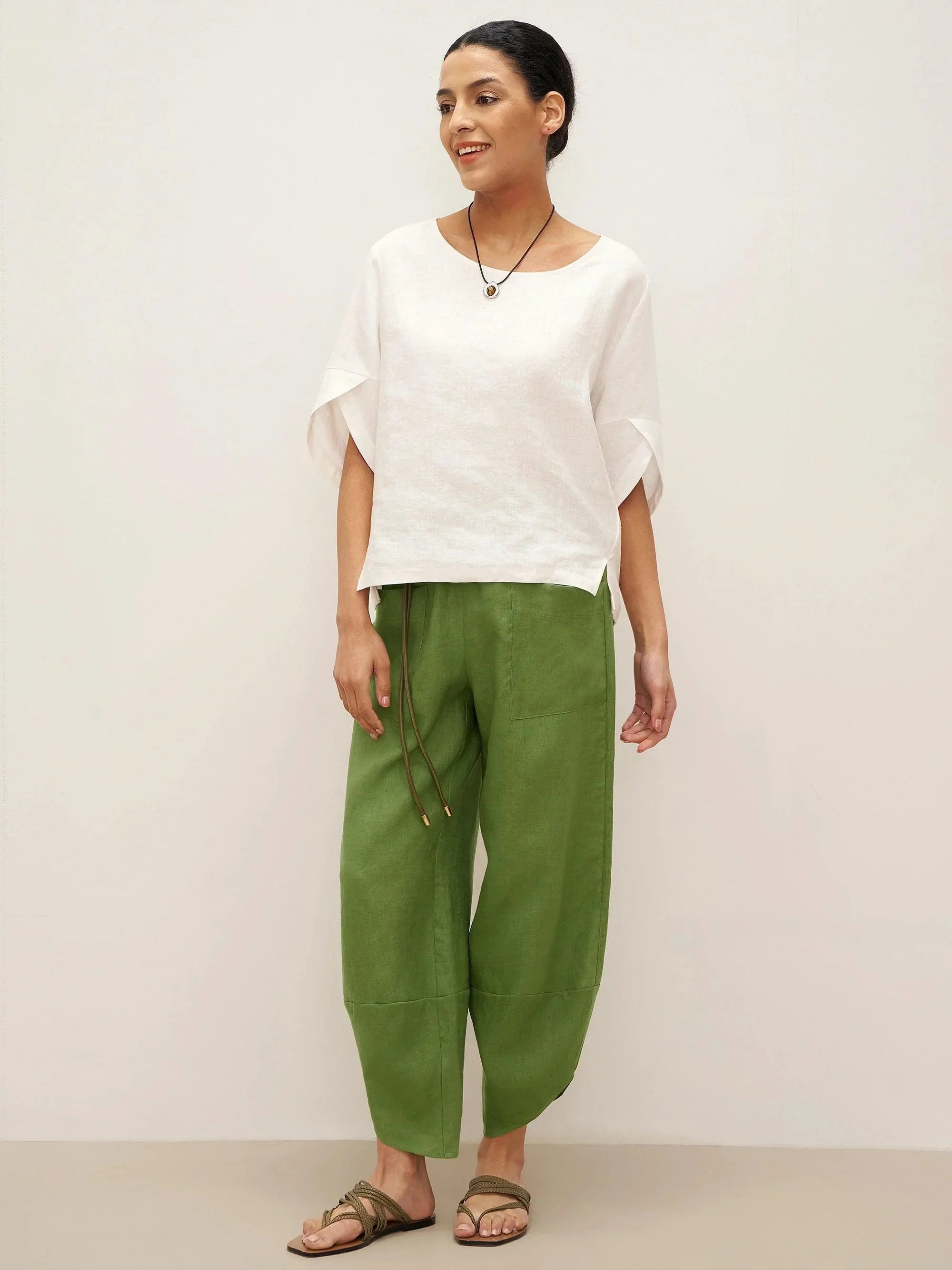 100% Linen Round Neck Petal-Sleeve Pullover LAUREL - TOPS-Linen Blouses