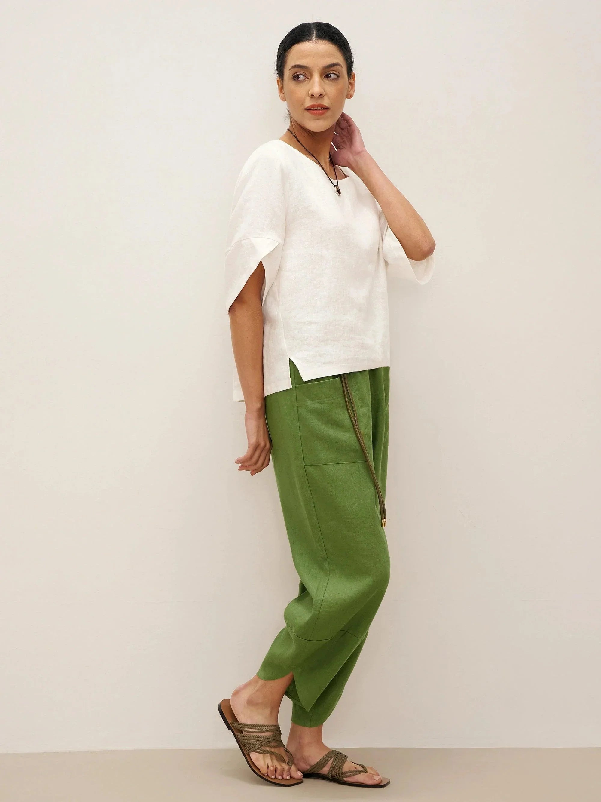 100% Linen Round Neck Petal-Sleeve Pullover LAUREL - TOPS-Linen Blouses