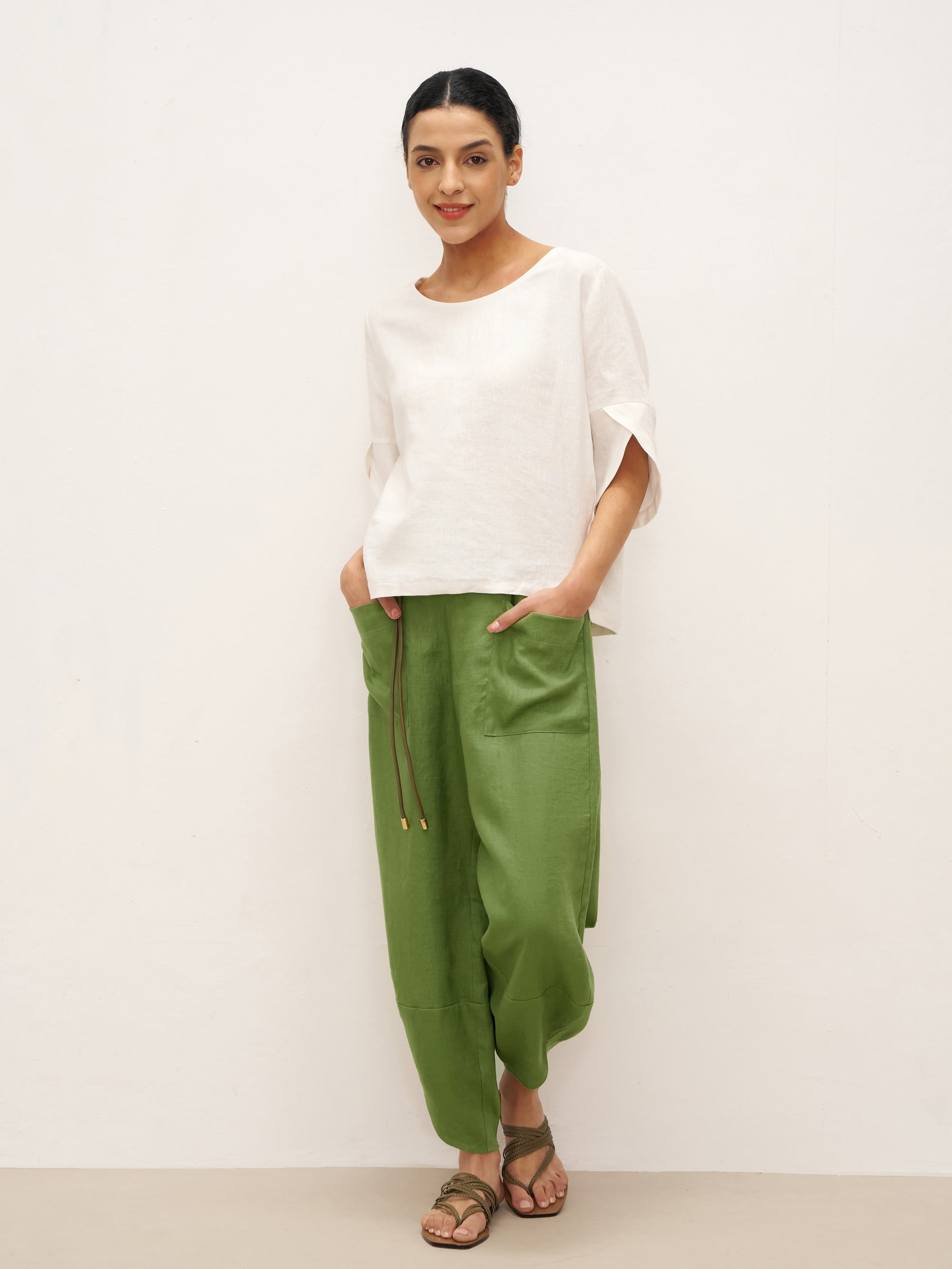 100% Linen Round Neck Petal-Sleeve Pullover LAUREL - TOPS-Linen Blouses