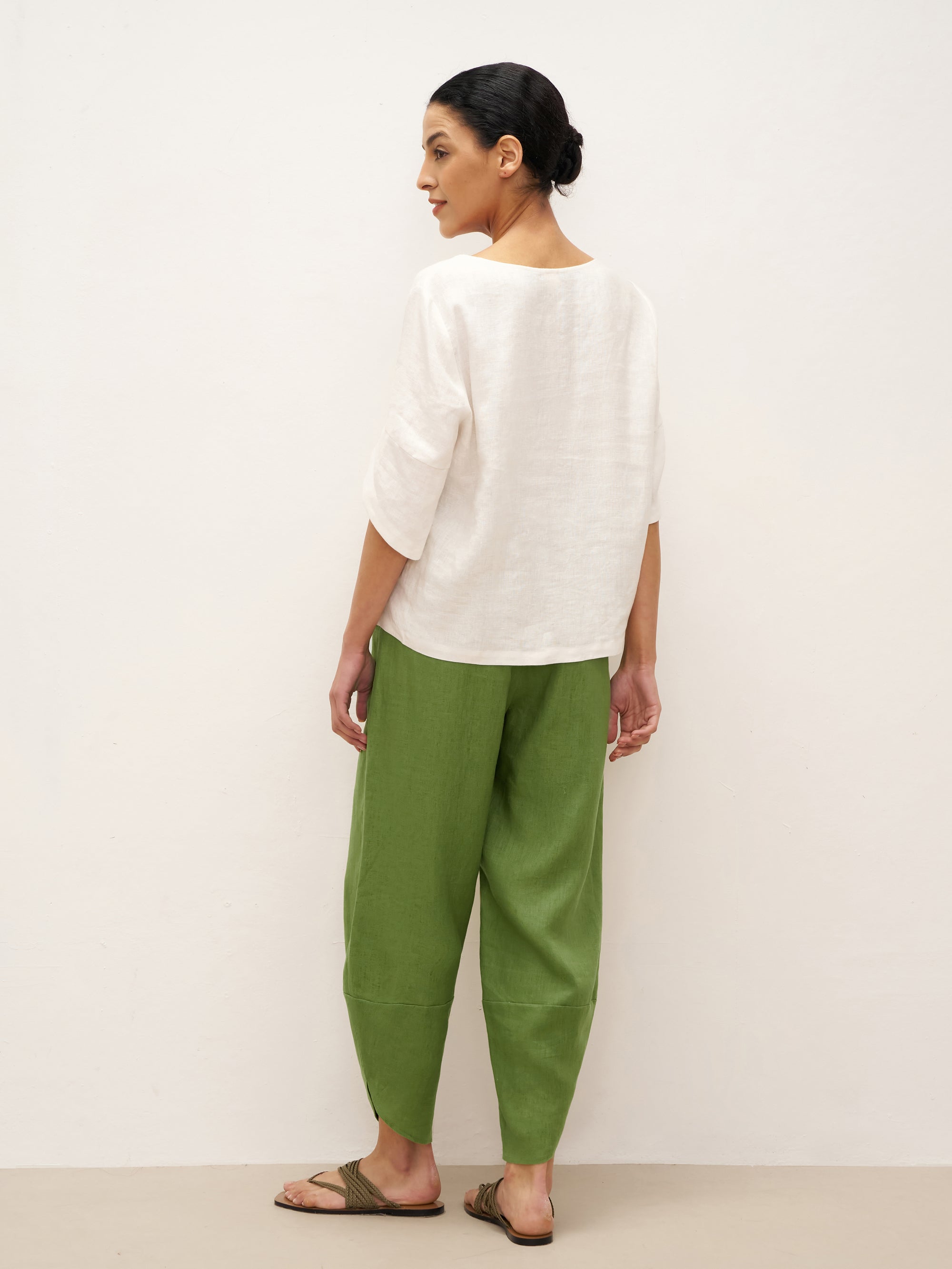 100% Linen Round Neck Petal-Sleeve Pullover LAUREL - TOPS-Linen Blouses