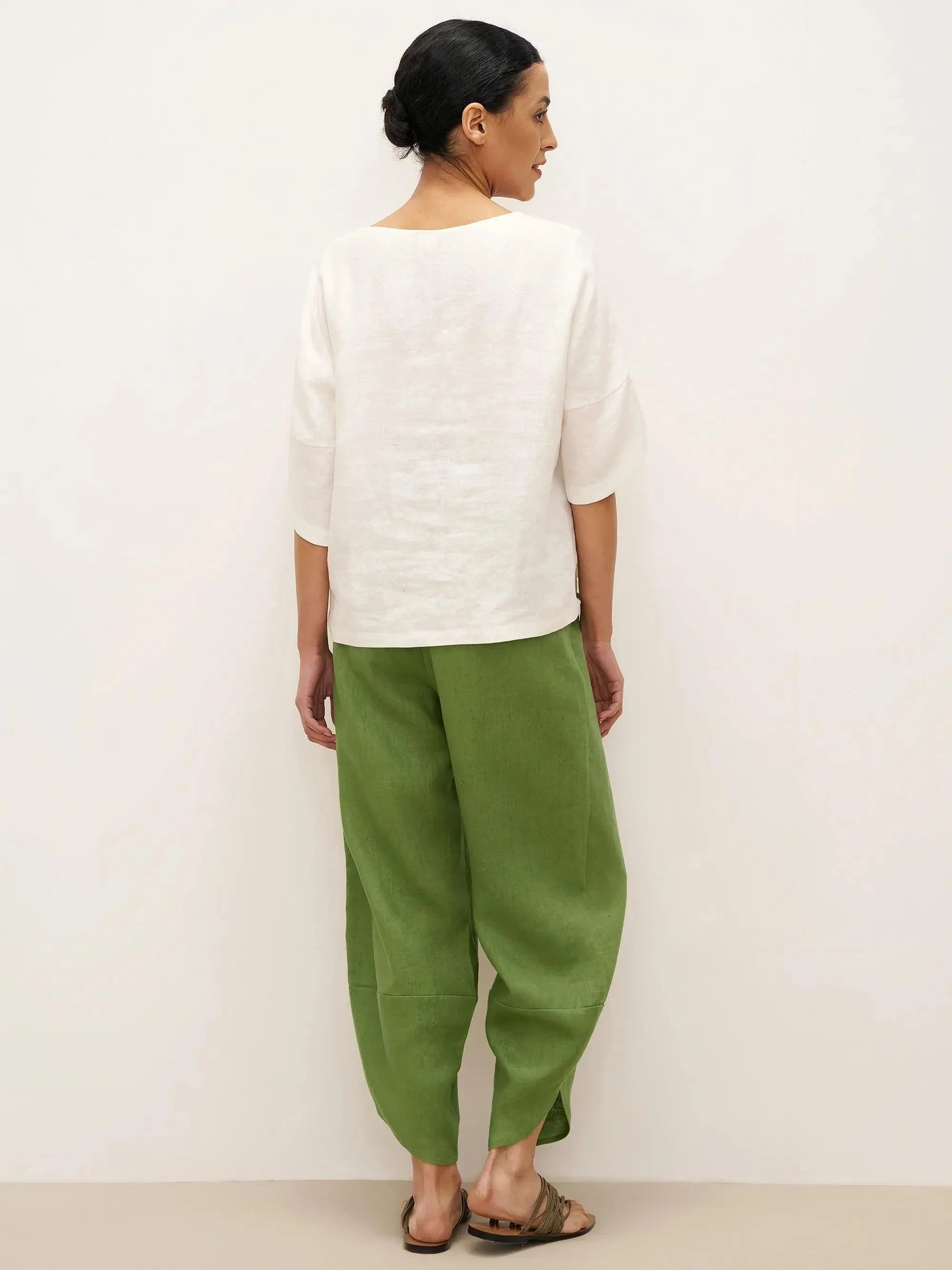 100% Linen Petal-Hem Trousers with Elastic Waist LIV - BOTTOMS-Linen Pants