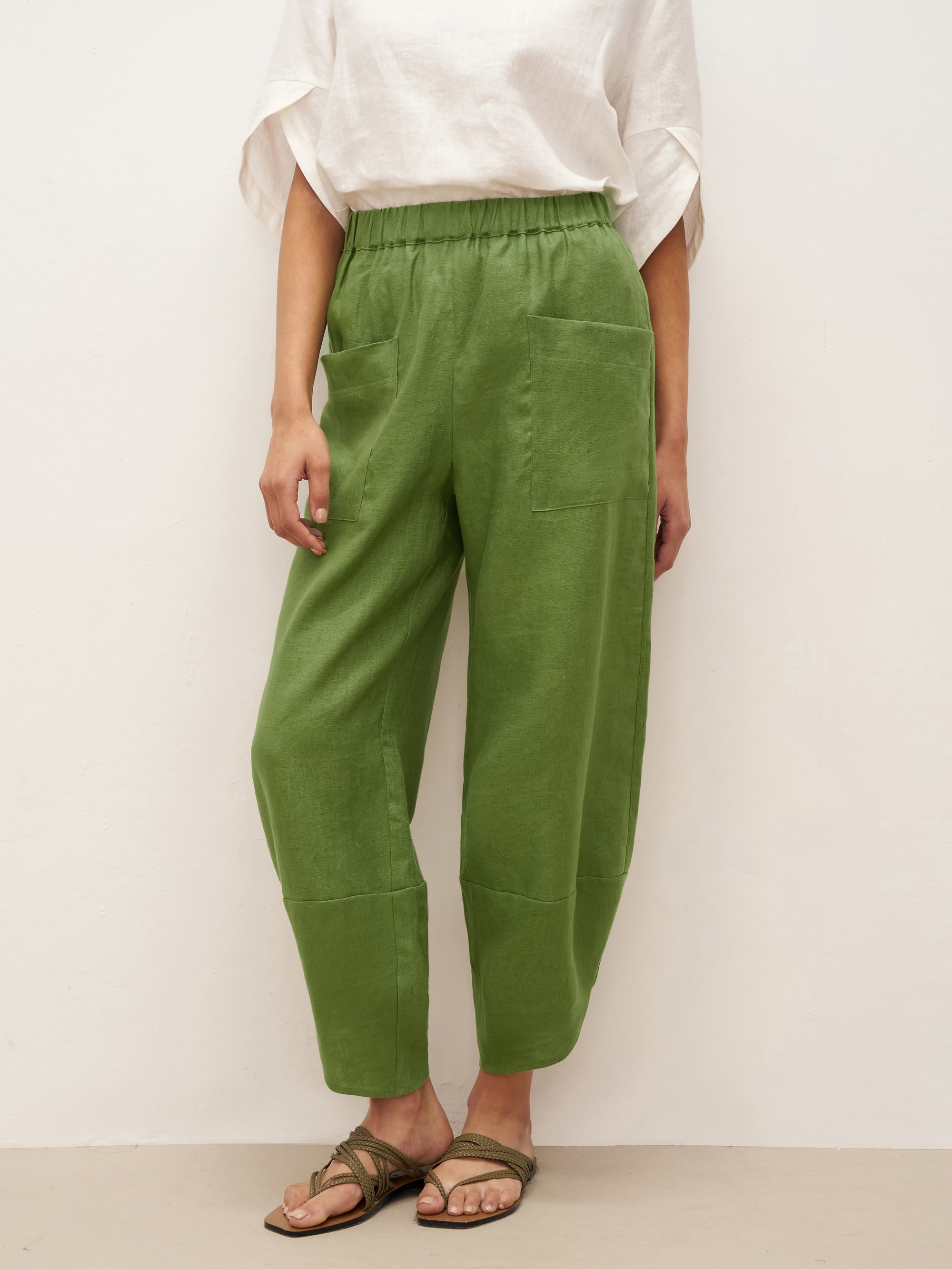 100% Linen Petal-Hem Trousers with Elastic Waist LIV - Sage Green / S - BOTTOMS-Linen Pants