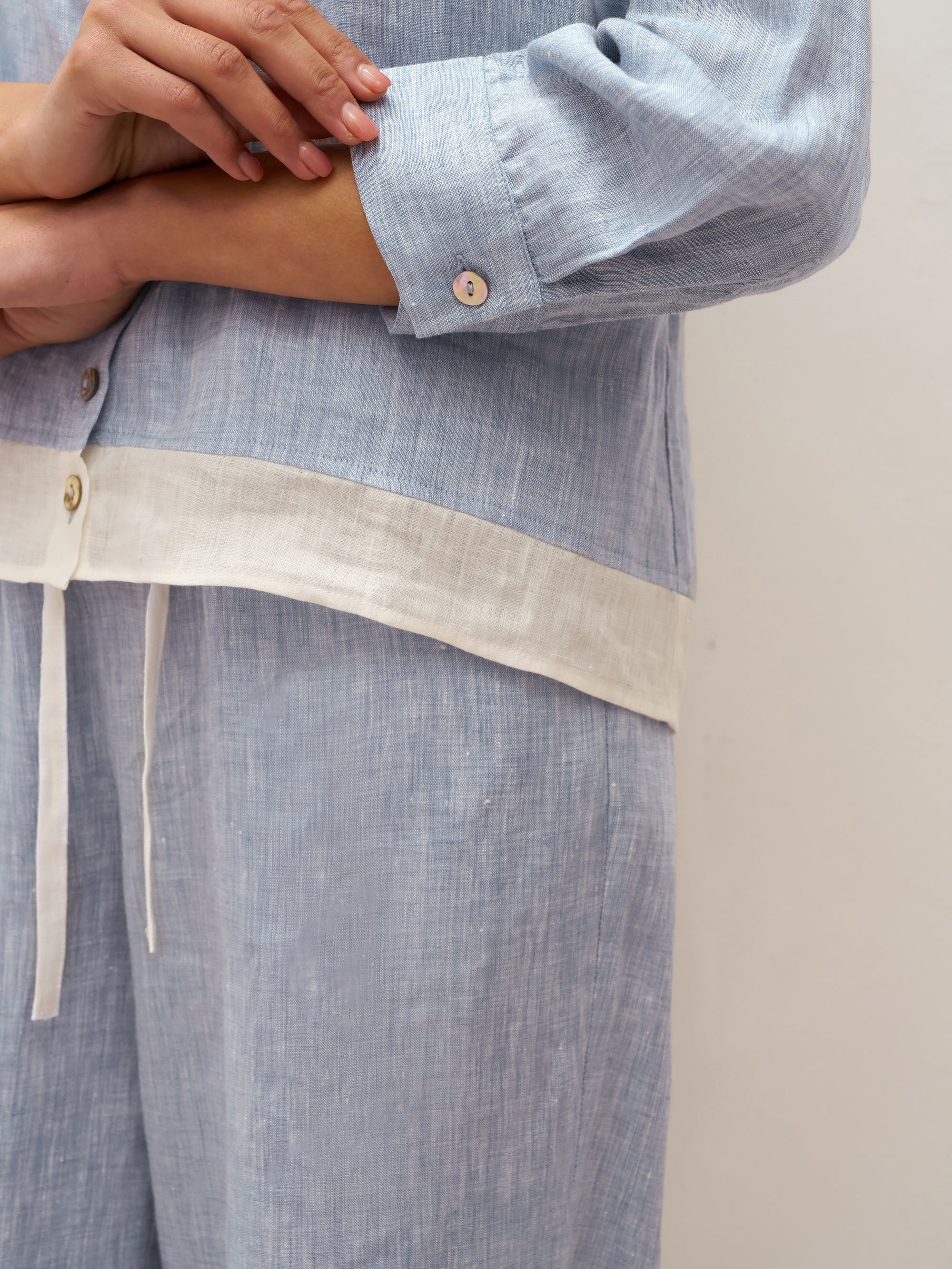 100% Linen Buttoned Closure Color-Blocked Shirt JANICE - TOPS-Linen Blouses