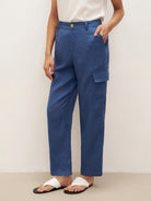 100% Linen Cargo Tapered Trousers with Patch Pockets JESSE - Nautical Blue / S - BOTTOMS-Linen Pants