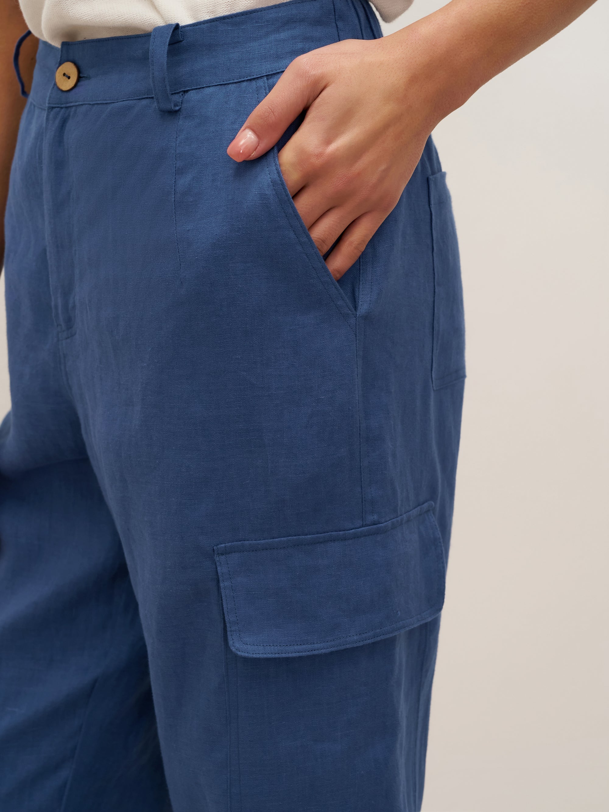 100% Linen Cargo Tapered Trousers with Patch Pockets JESSE - BOTTOMS-Linen Pants