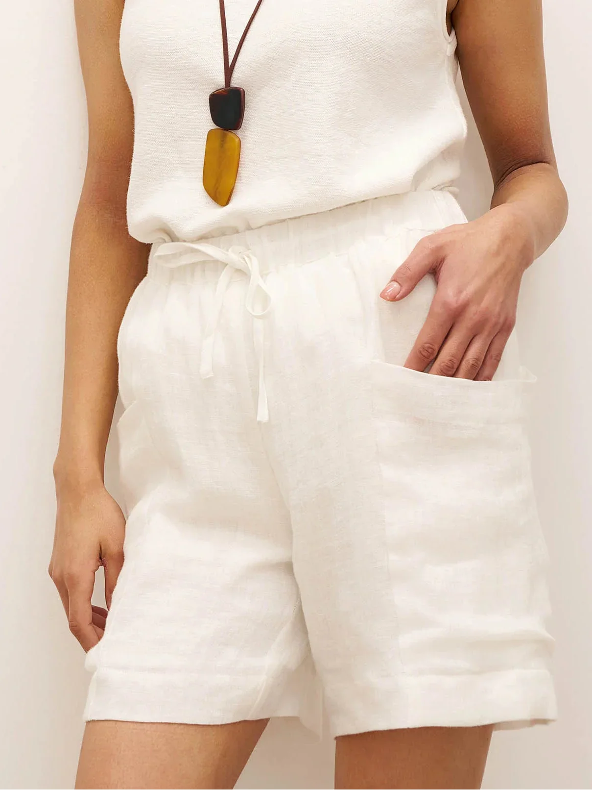 100% Linen Elastic Waist Drawstring Shorts with Pockets DELILAH - Optic White / S - BOTTOMS-Linen