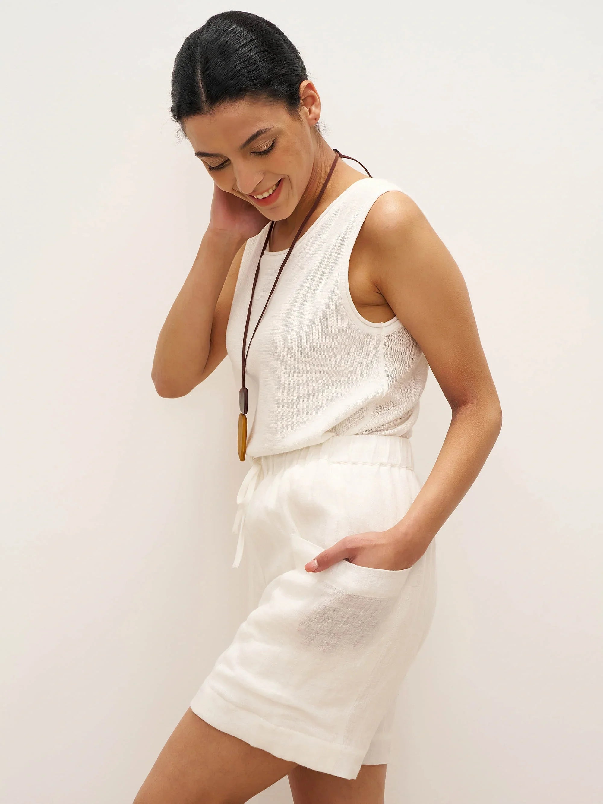 100% Linen Elastic Waist Drawstring Shorts with Pockets DELILAH - BOTTOMS-Linen