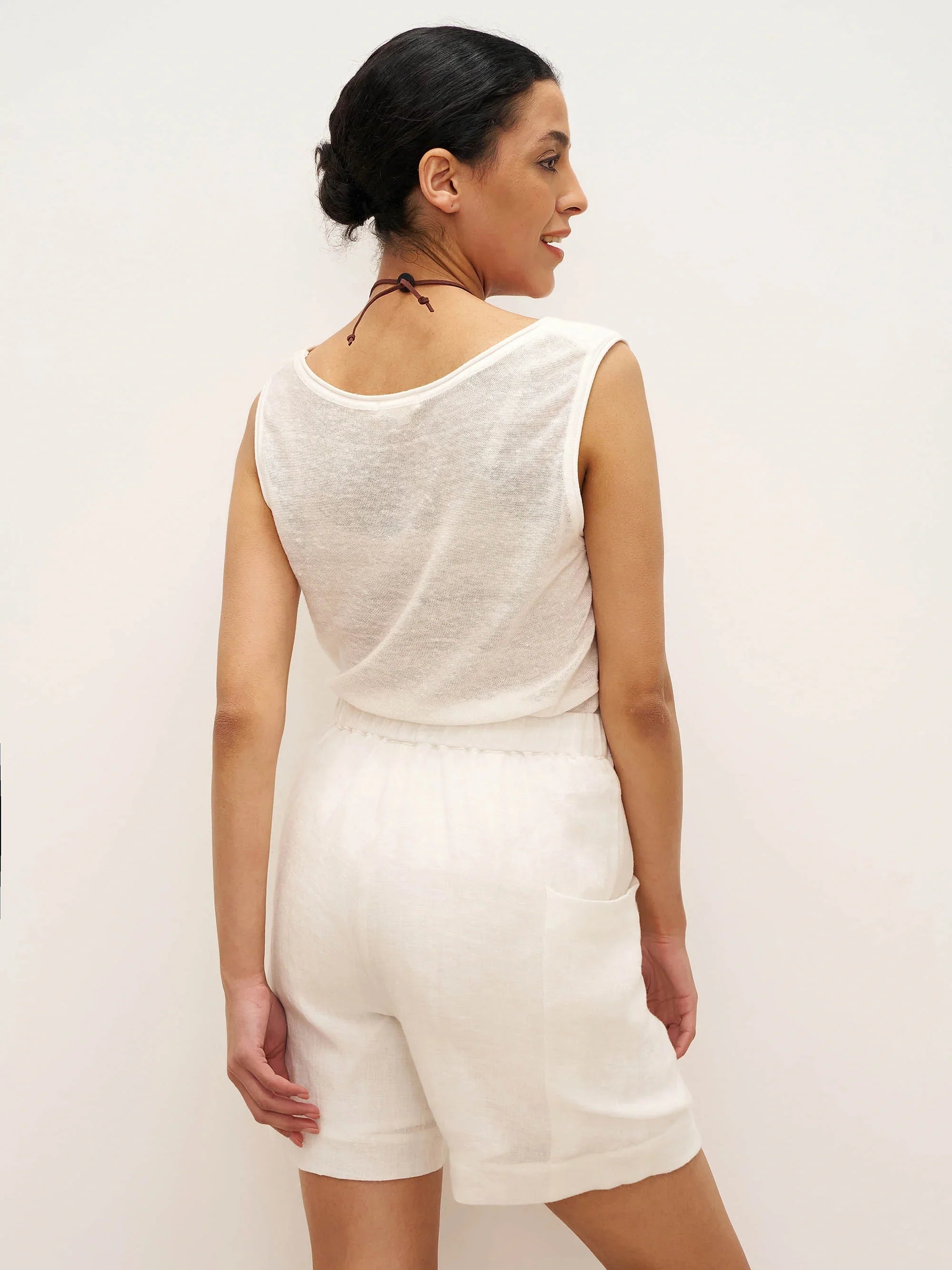 100% Linen Elastic Waist Drawstring Shorts with Pockets DELILAH - BOTTOMS-Linen