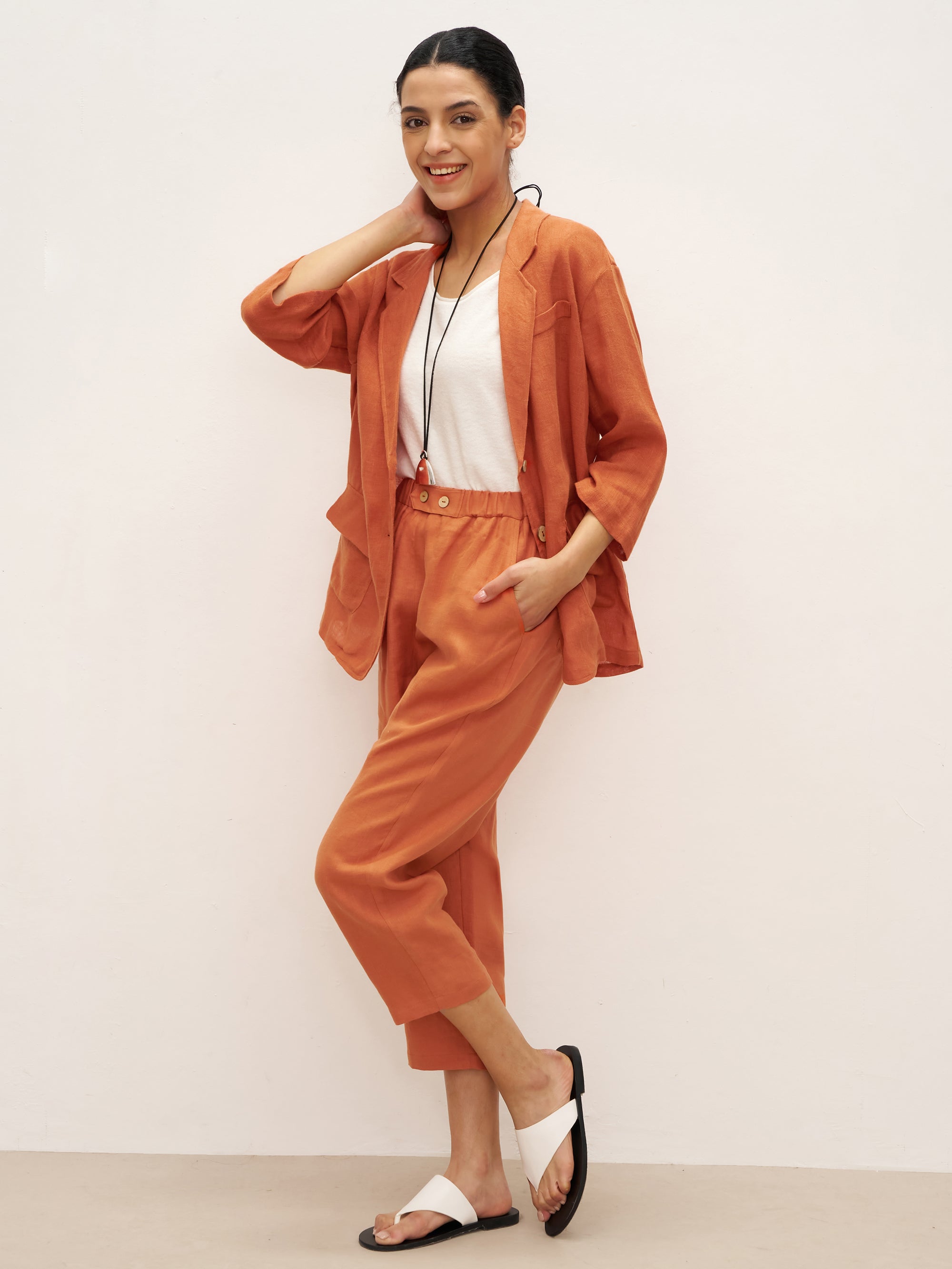 100% Linen 3/4 Sleeve Drop Shoulder Blazer DARA - TOPS-Linen Jackets