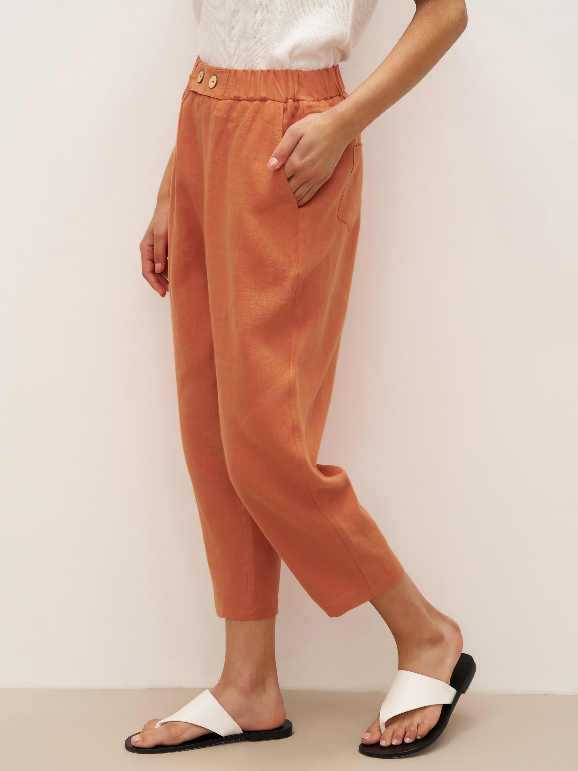 100% Linen Button Accents Tapered Pants DORALIE - BOTTOMS-Linen