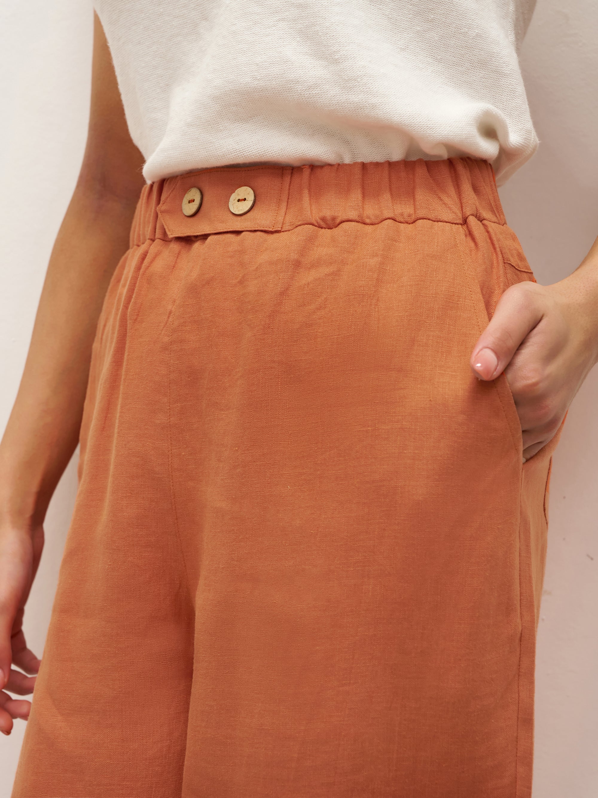 100% Linen Button Accents Tapered Pants DORALIE - BOTTOMS-Linen