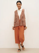 100% Linen V-Neck Checked Oversized Vest DORIS - TOPS-Linen Vests