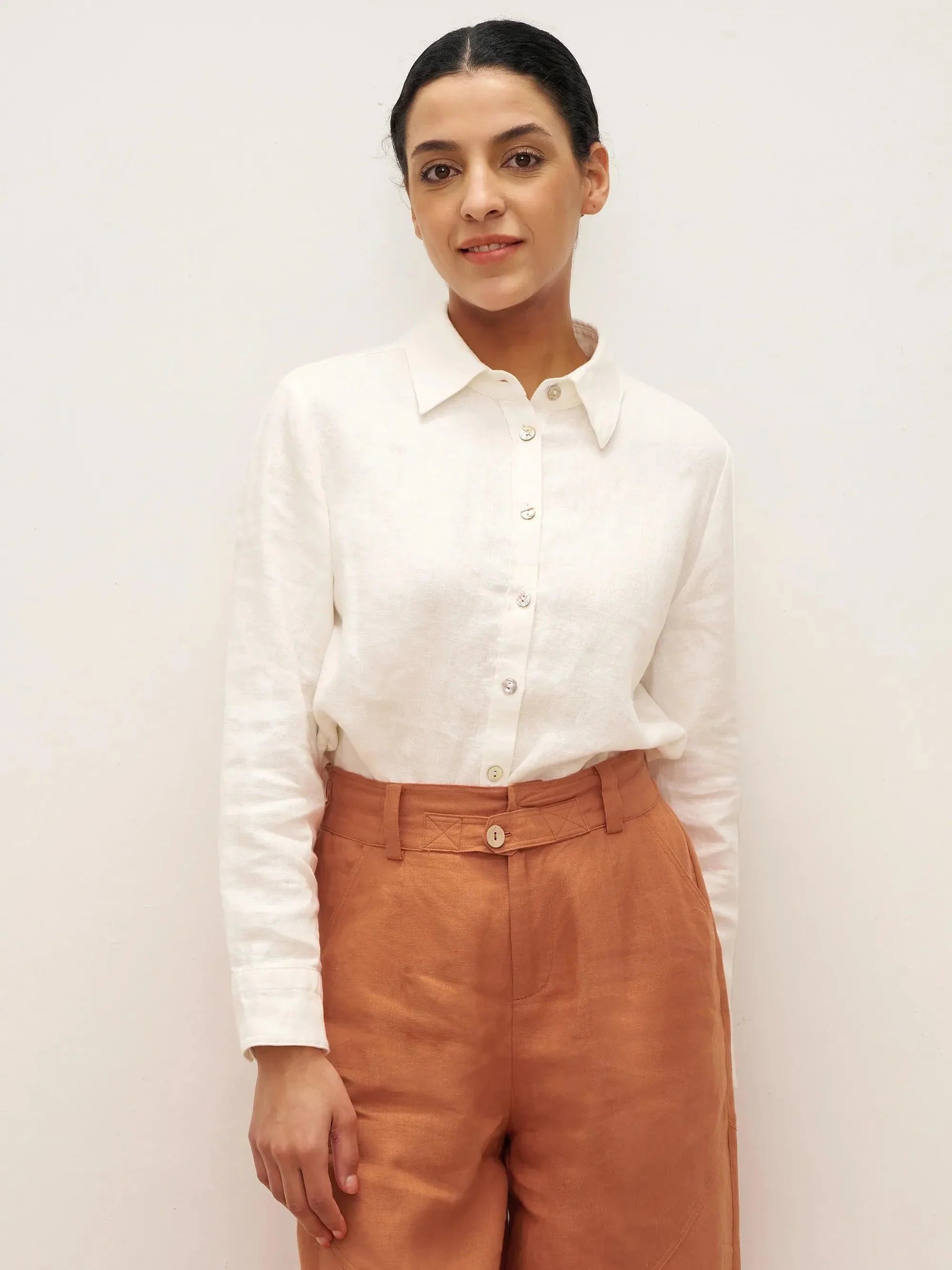 100% Linen Button-Front Shirt with Extended Hem JOVAN - Optic White / S - TOPS-Linen Button Down Shirts