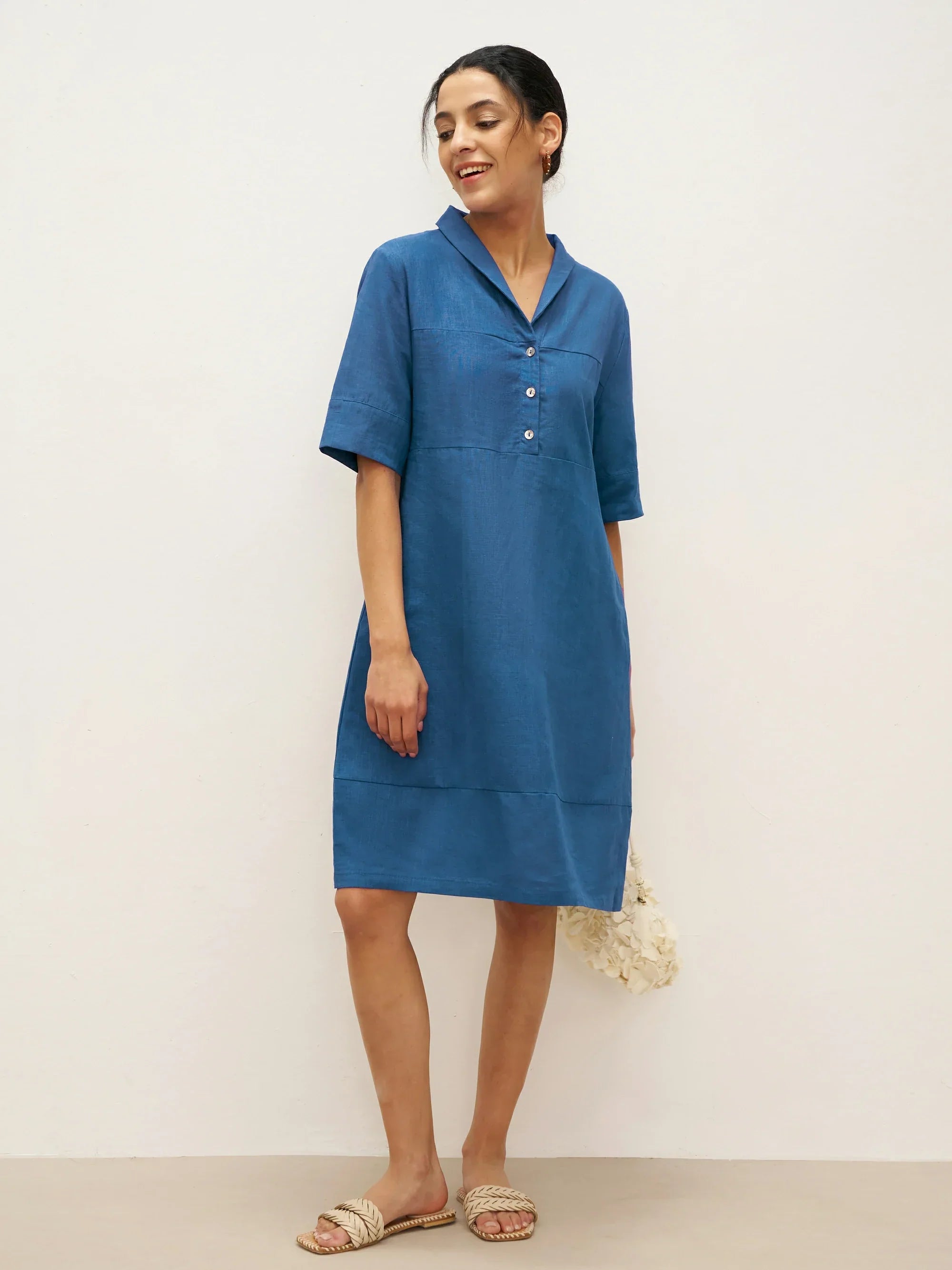Linen Shawl V-Neck Half Sleeve Minidress LIVIA - Sea Blue / S - DRESSES-Linen Midi