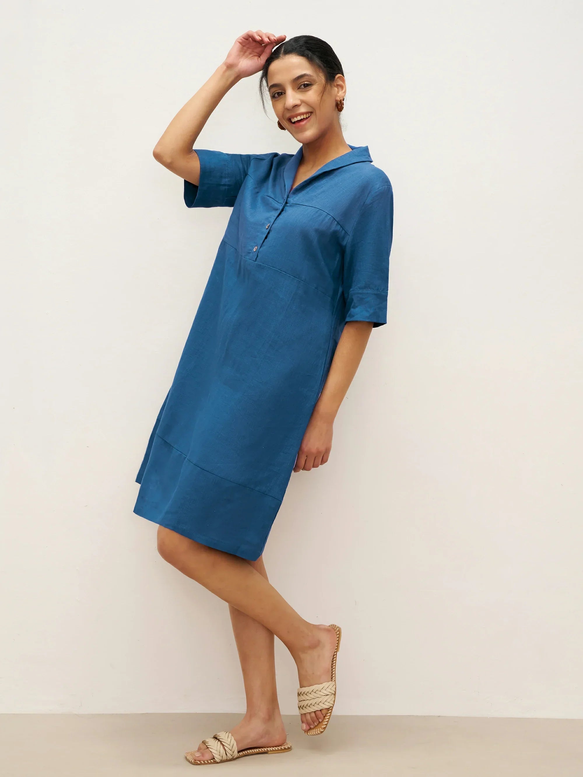 Linen Shawl V-Neck Half Sleeve Minidress LIVIA - DRESSES-Linen Midi