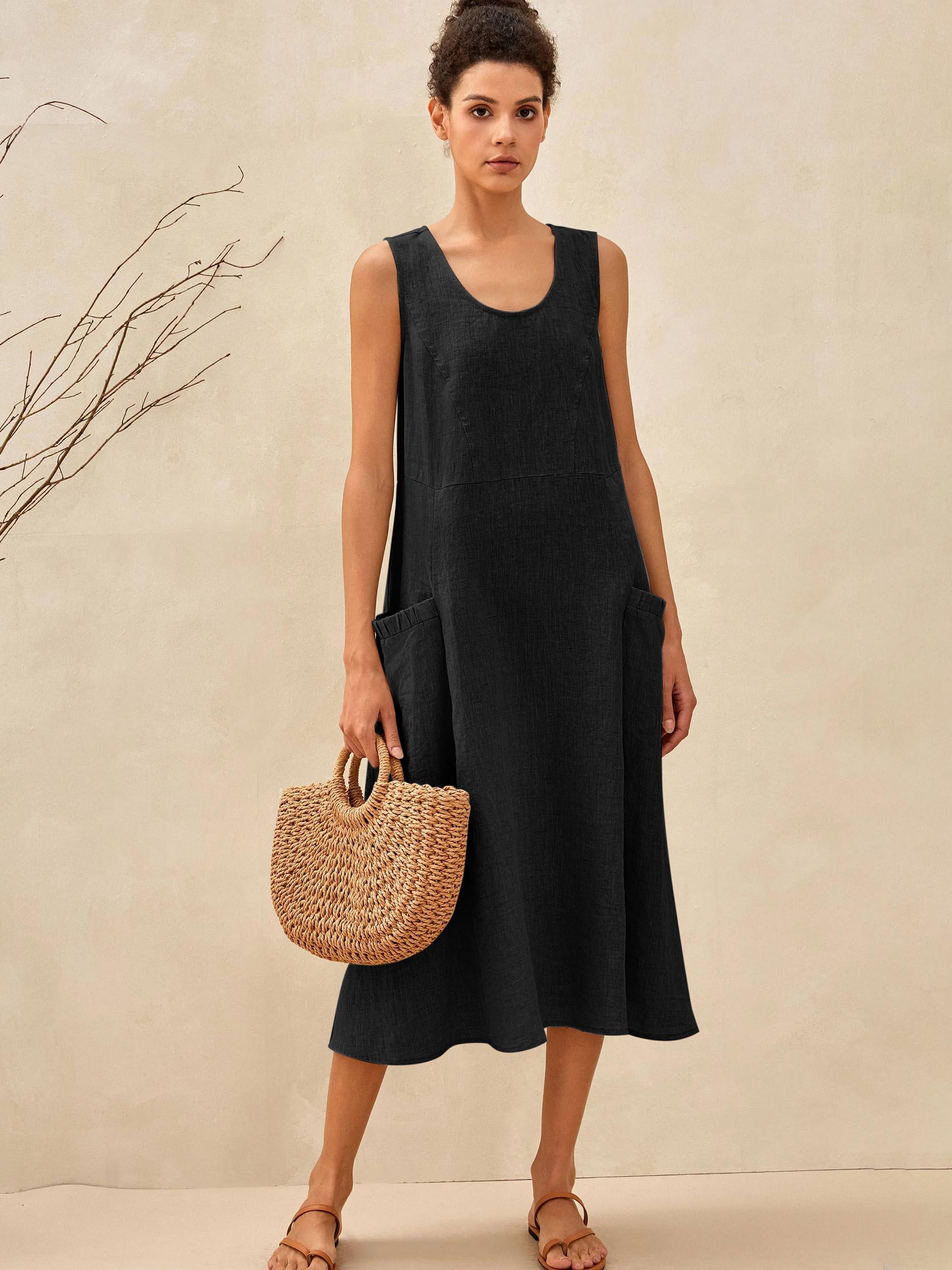 100% Linen Swing Beach Tank Dress GIANA - DRESSES-Linen Midi