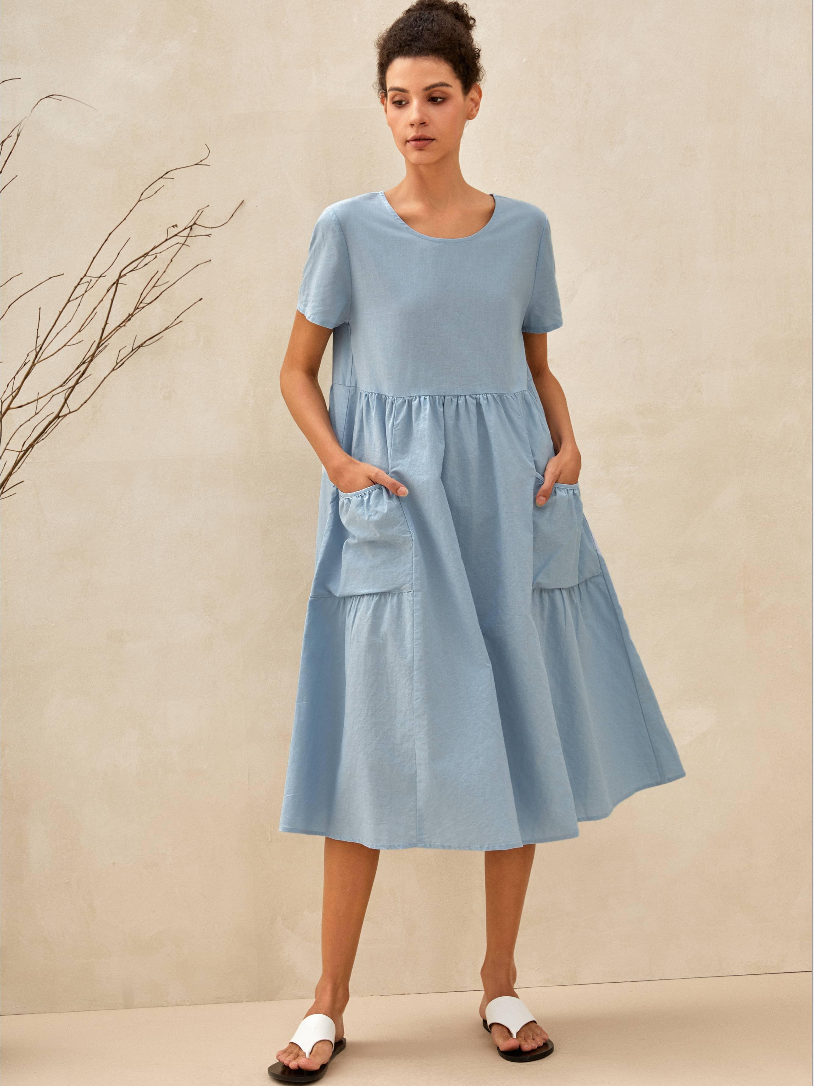 Linen Patch Pocket Loose Hem Resort Dress FRANKIE - Light Blue / S - DRESSES-Linen Midi