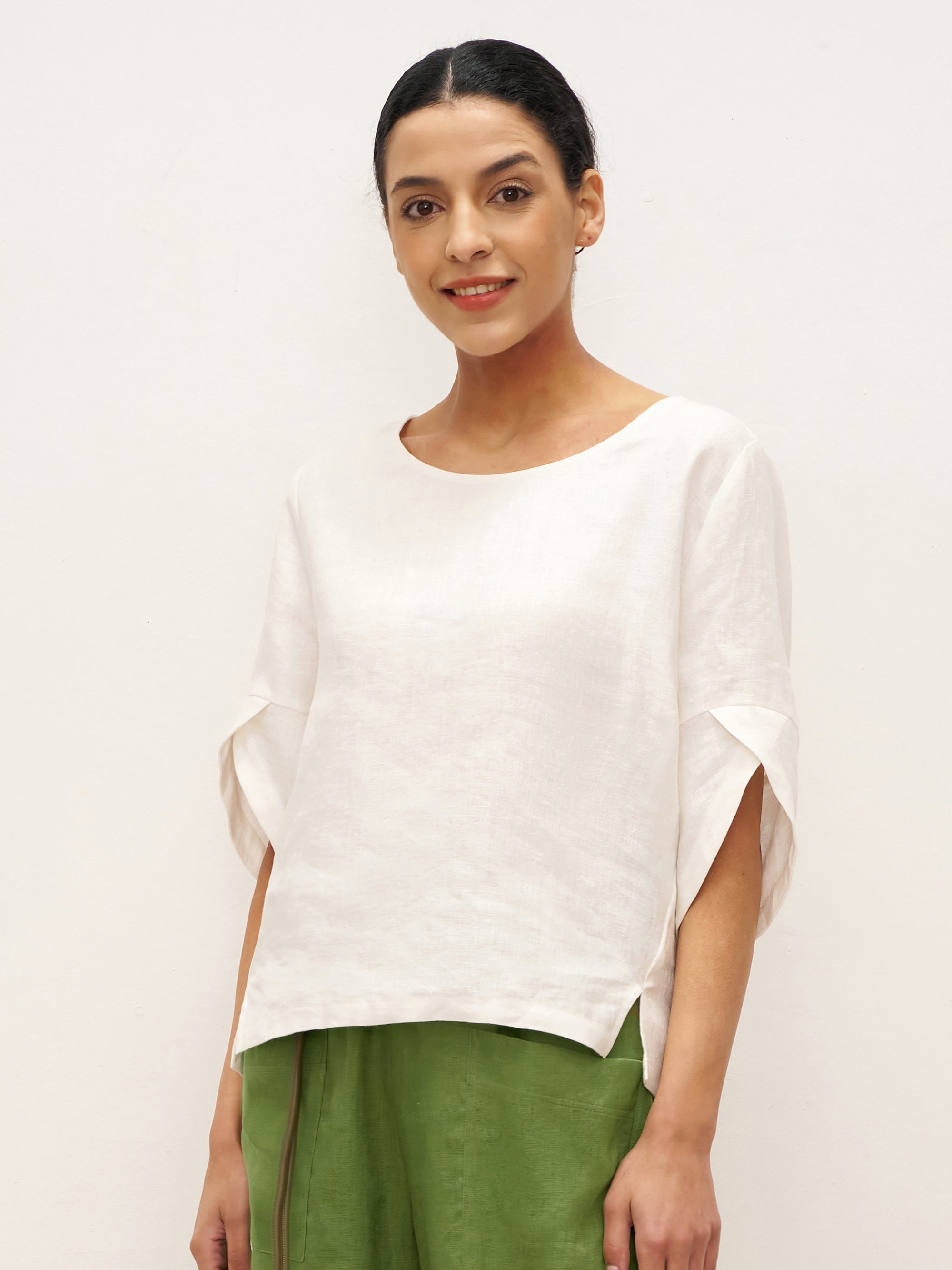 100% Linen Round Neck Petal-Sleeve Pullover LAUREL - TOPS-Linen Blouses