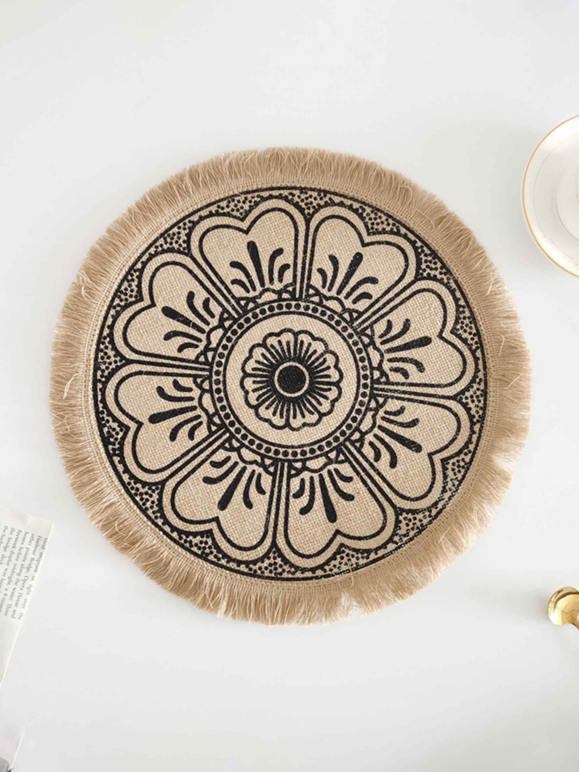 Nordic Woven Jute Placemat Round Fringe Decorative Heat-Resistant Mat - Fringe-D / One-Size - ACCESSORIES-Others