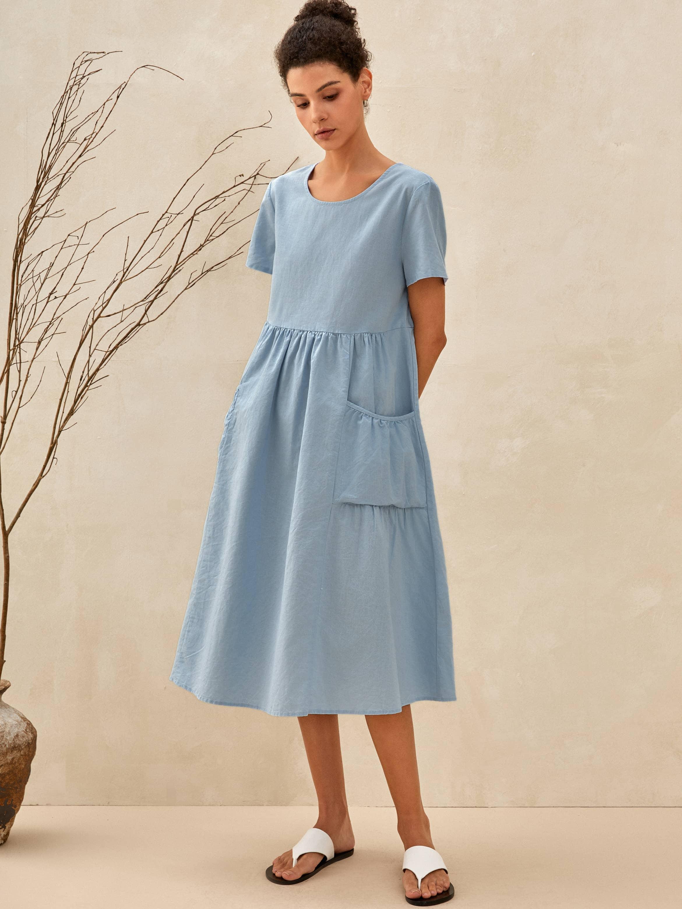 Linen Patch Pocket Loose Hem Resort Dress FRANKIE - DRESSES-Linen Midi