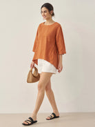 100% Linen Round Neck Artistic Stripe Top - TOPS-Linen Blouses