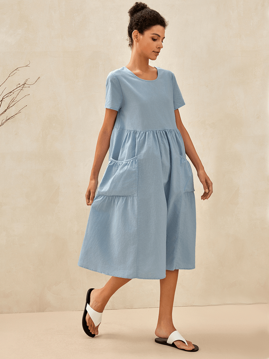Linen Patch Pocket Loose Hem Resort Dress FRANKIE - DRESSES-Linen Midi