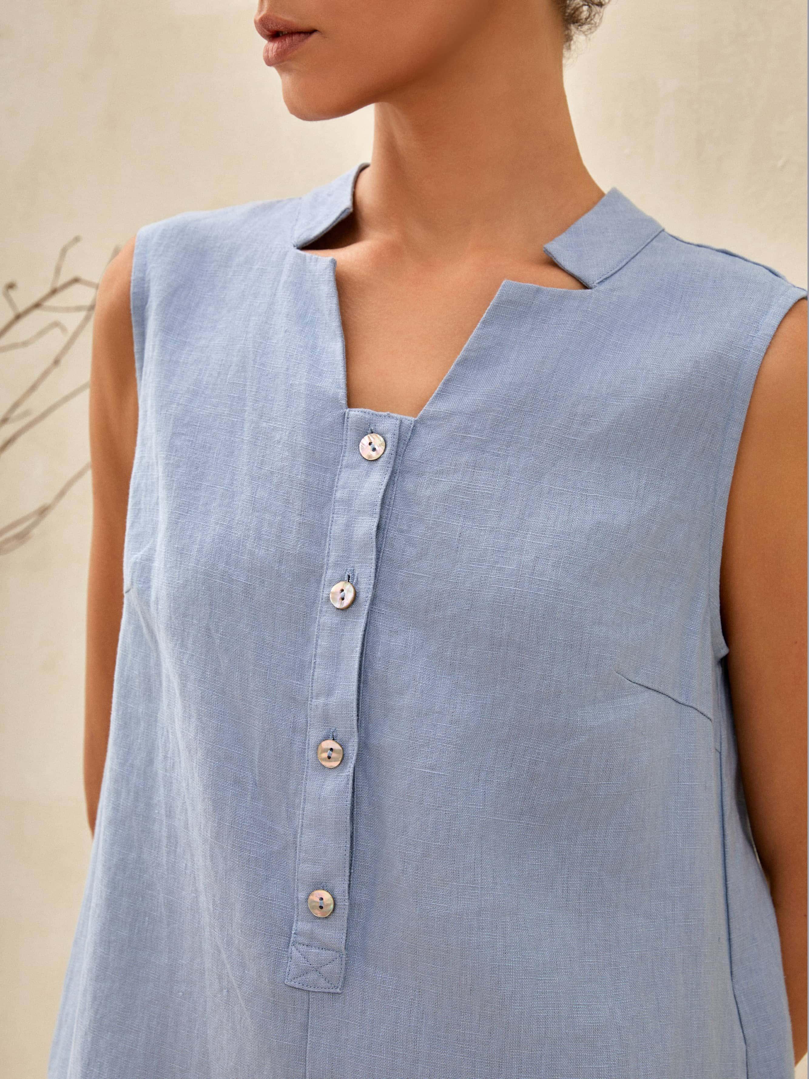 100% Linen Sleeveless Straight High Slit Maxi Dress TAYLOR - DRESSES-Linen Midi