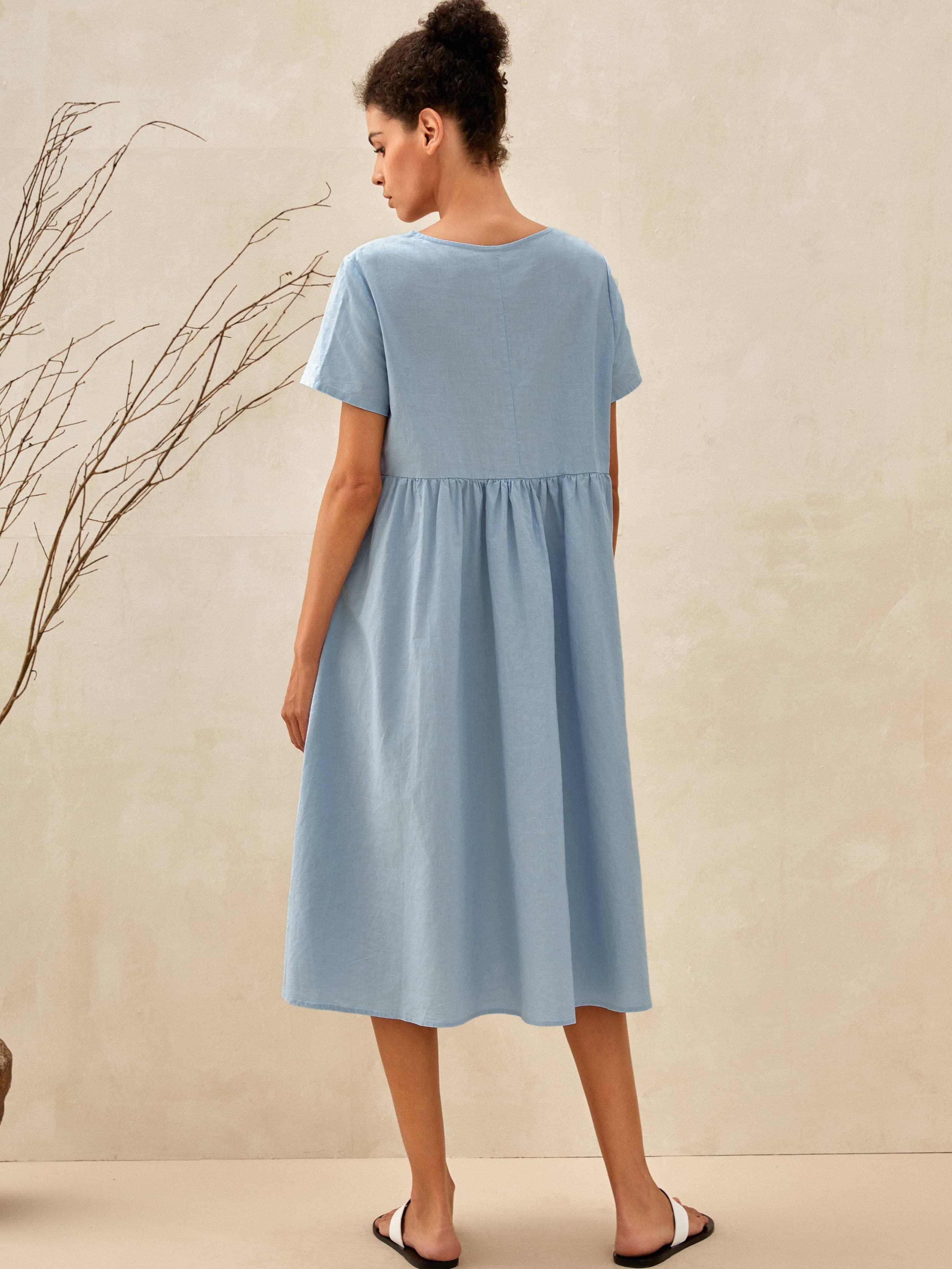 Linen Patch Pocket Loose Hem Resort Dress FRANKIE - DRESSES-Linen Midi