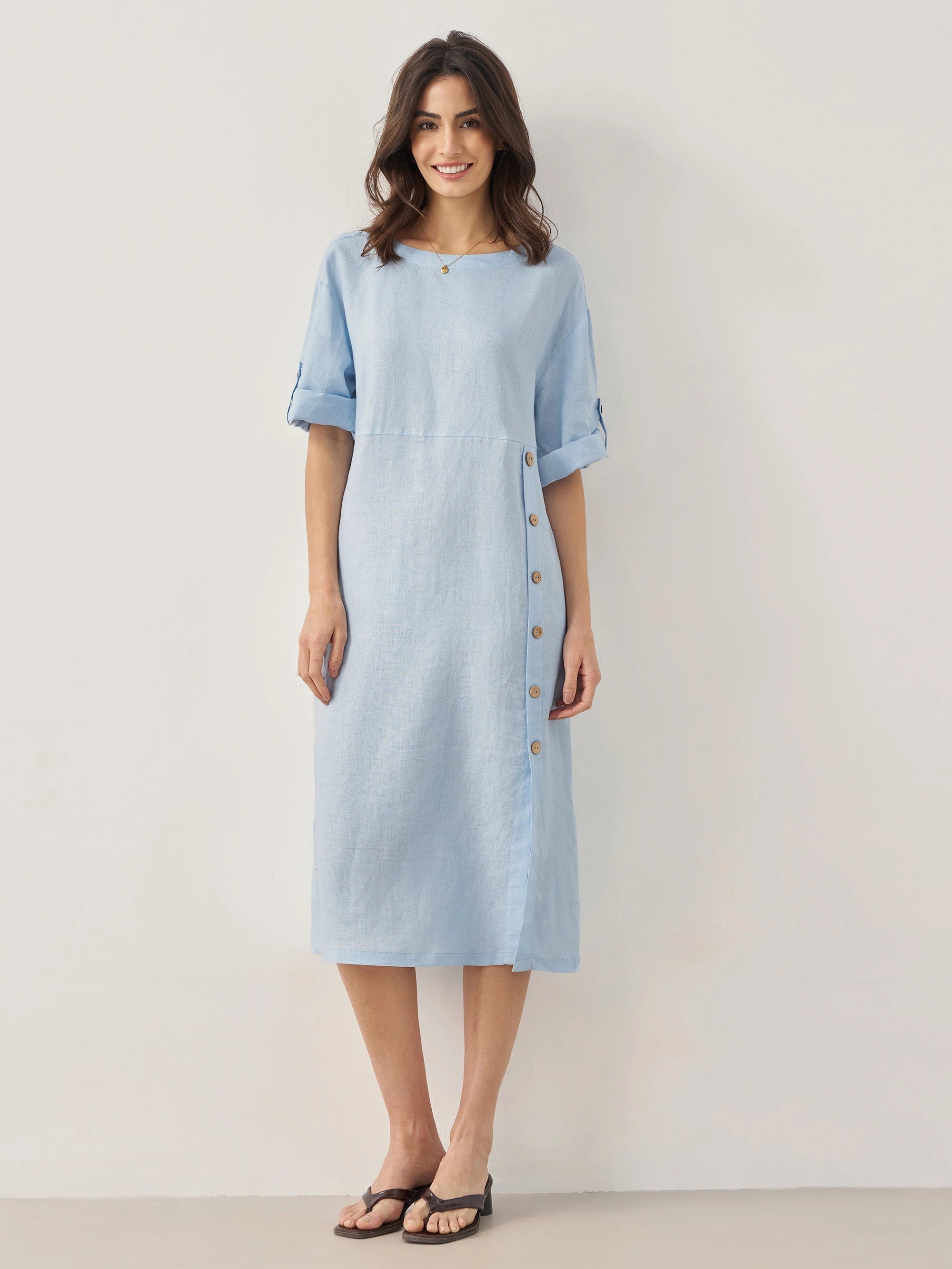 100% Linen Round Neck Button Detail Midi Dress JELENA - Baby Blue / S - DRESSES-Linen