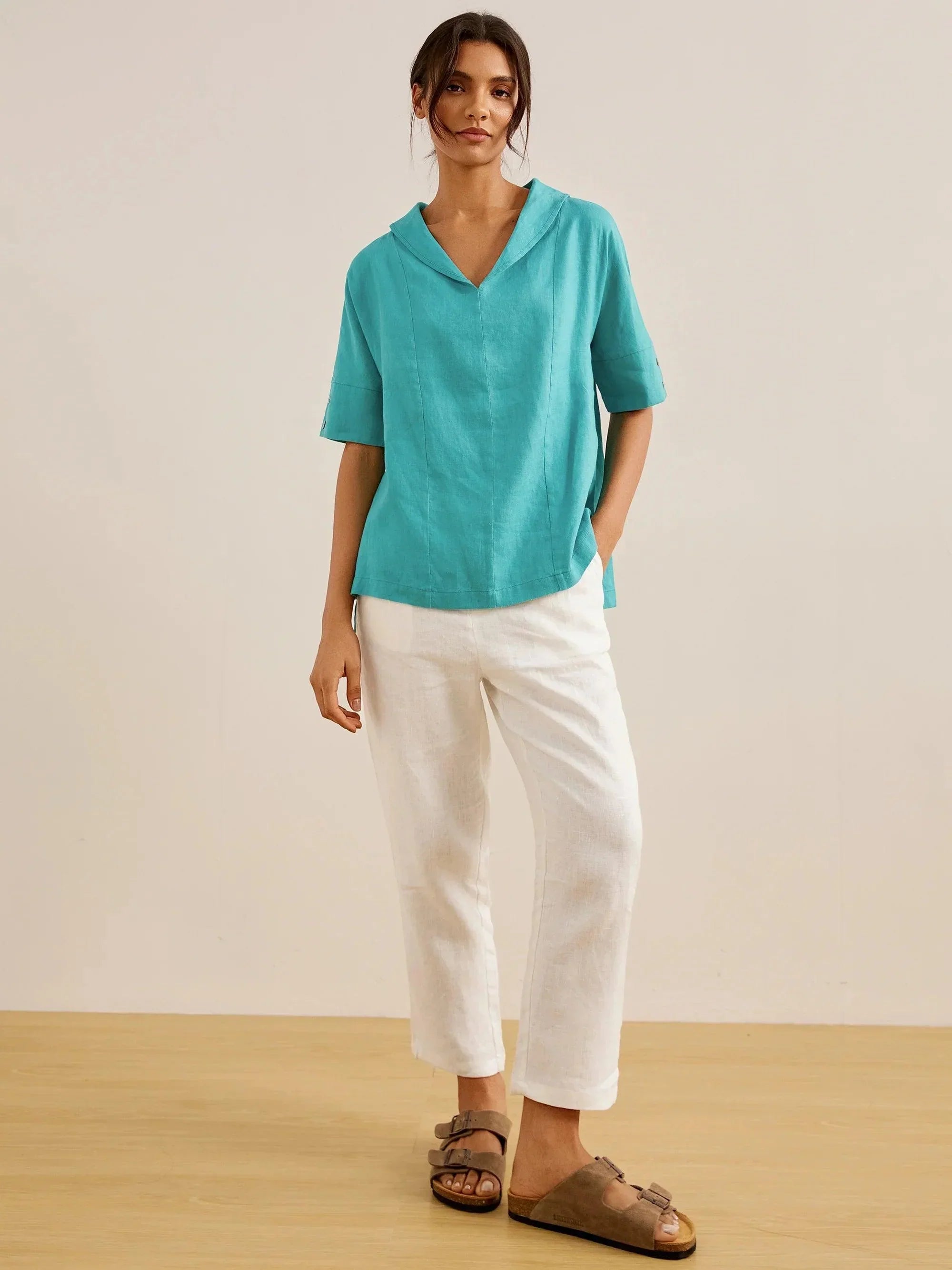 100% Linen V-Neck Short Sleeve Shirt SIERRA - TOPS-Linen Blouses