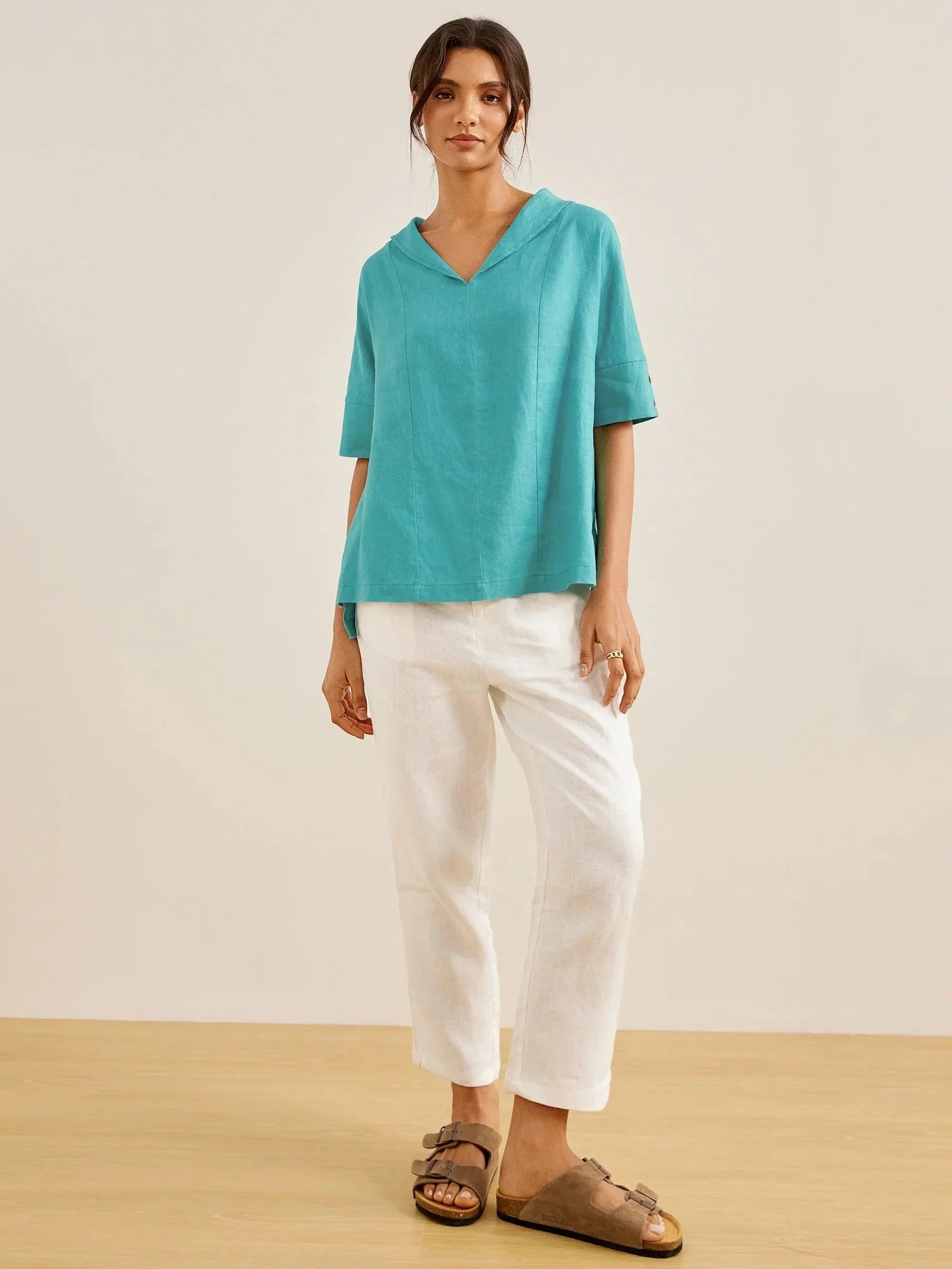 Linen V Neck Short Sleeve Shirt - TOPS-Linen Blouses