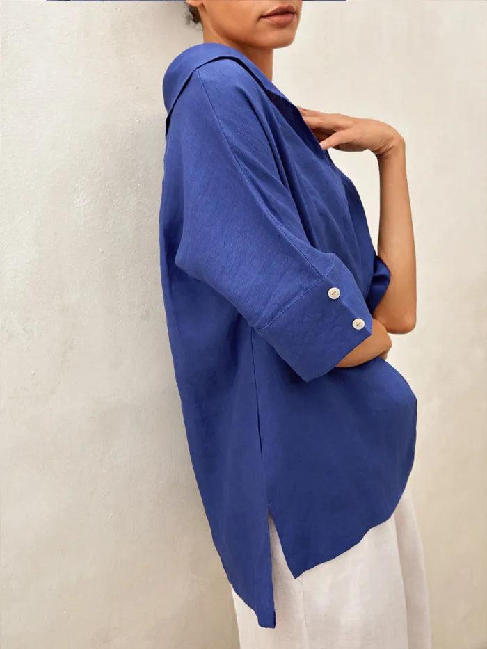 100% Linen V-Neck Short Sleeve Shirt SIERRA - TOPS-Linen Blouses