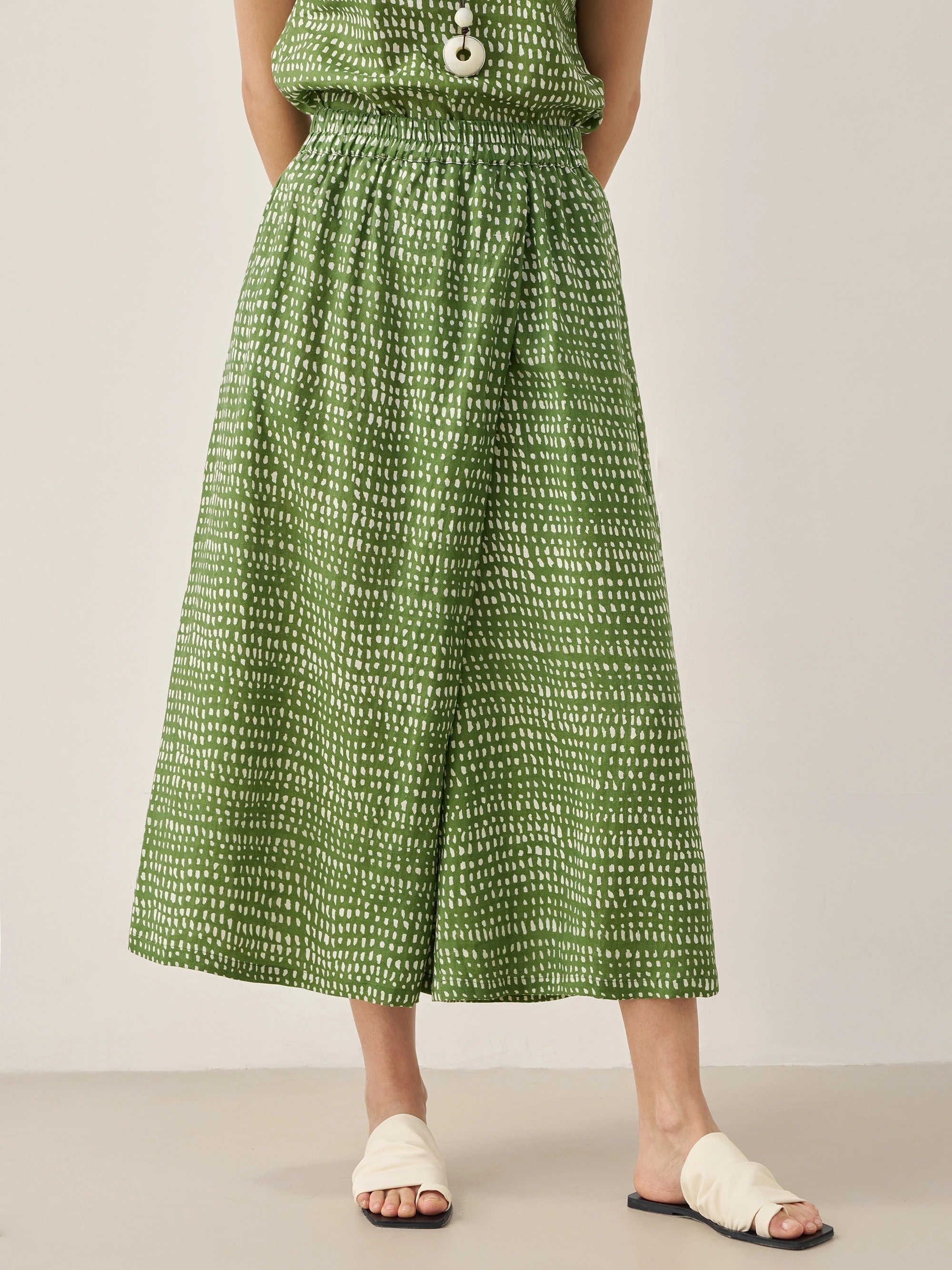 100% Linen Polka Dot Skirt-Pants with Elastic Waist LUMI - Meadow / S - BOTTOMS-Linen Pants