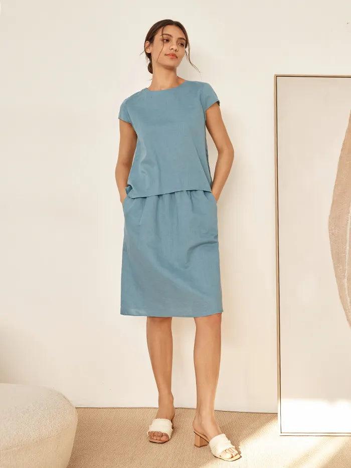 Linen Blend Cap Sleeve Top And Pencil Skirt Set VEDA - SETS-Linen Sets