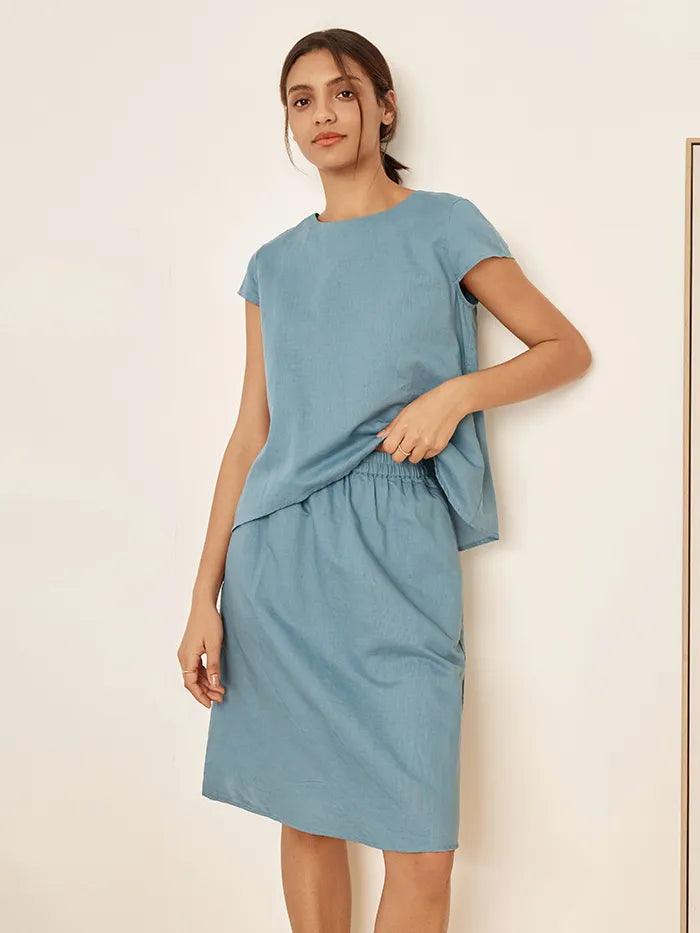 Linen Blend Cap Sleeve Top And Pencil Skirt Set VEDA - Powder Blue / S - SETS-Linen Sets