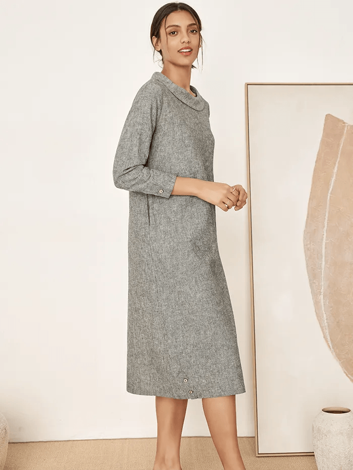 Linen Round Soft-Fold Collar Midi Dress Mellow - DRESSES-Linen