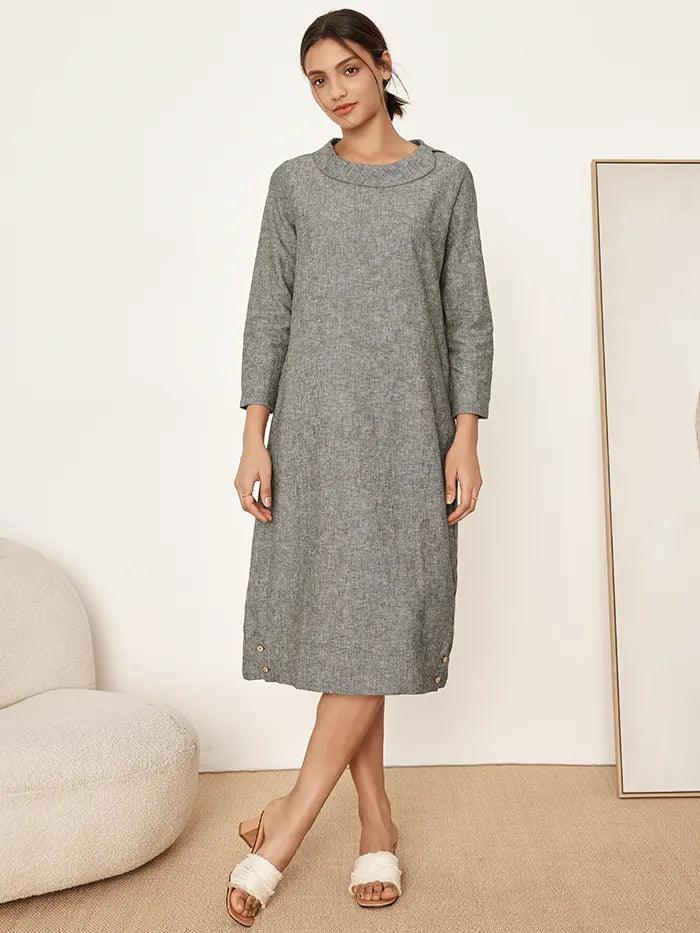 Linen Round Soft-Fold Collar Midi Dress Mellow - DRESSES-Linen