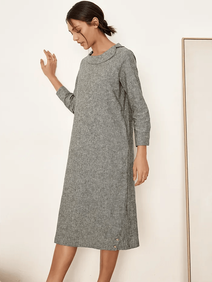 Linen Round Soft-Fold Collar Midi Dress Mellow - DRESSES-Linen