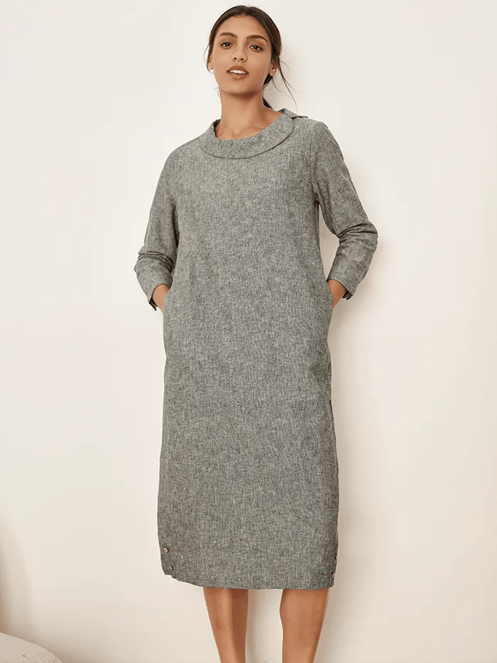Linen Round Soft-Fold Collar Midi Dress Mellow - Neutral Grey / S - DRESSES-Linen