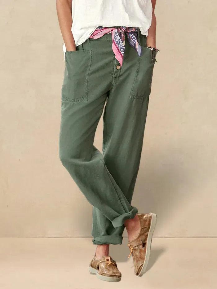 Linen Simple Button Fly Trousers HEIDI - BOTTOMS-Linen Pants