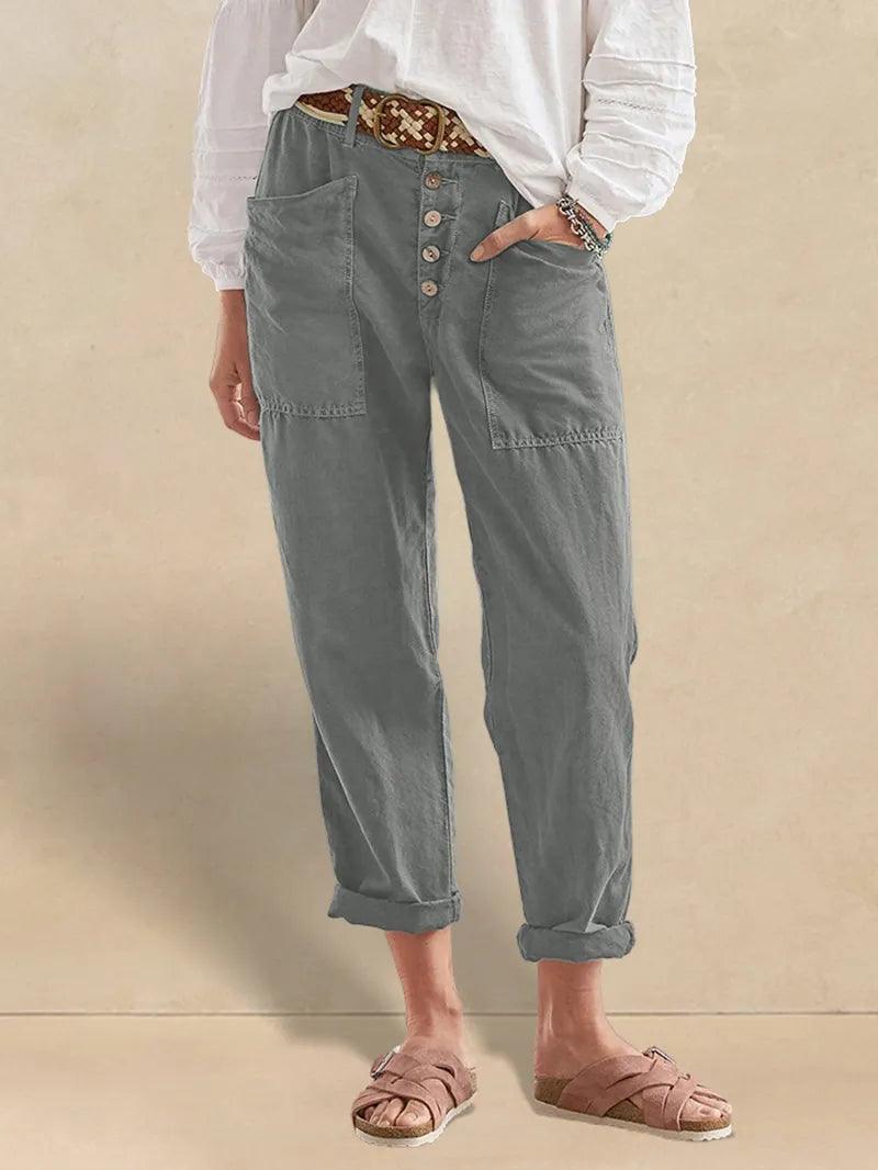 Linen Simple Button Fly Trousers HEIDI - BOTTOMS-Linen Pants