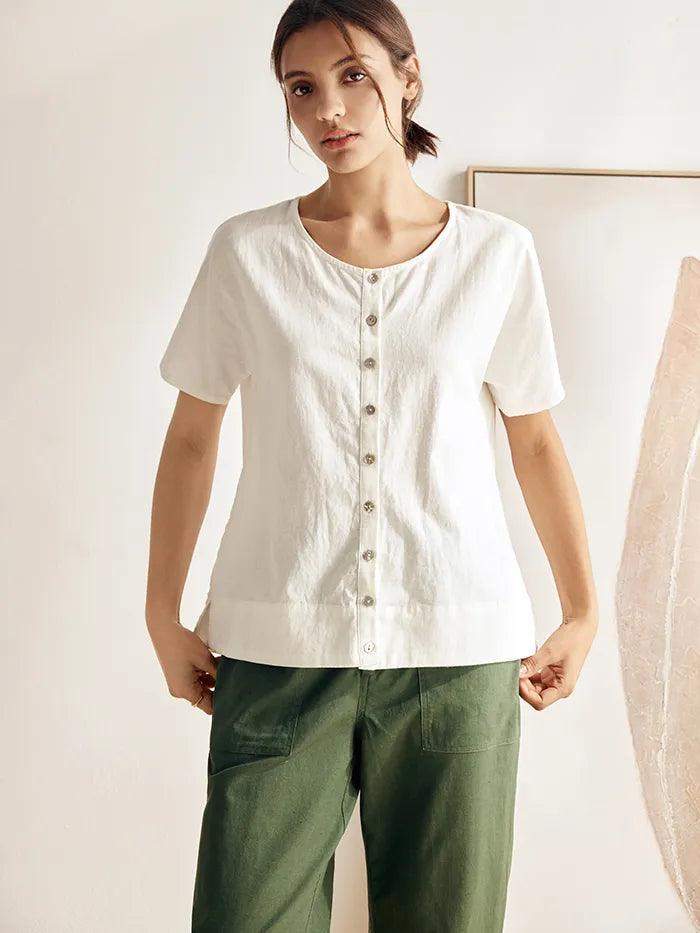 Linen Wide Short-Sleeved Top SERAPHINA - Off White / S - TOPS-Linen Button Down Shirts