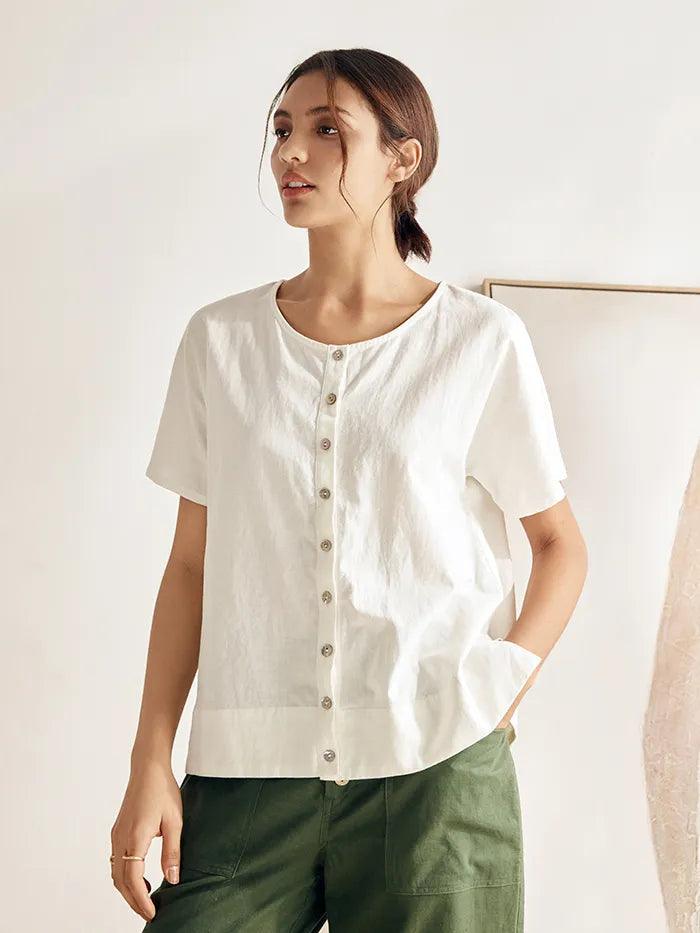 Linen Wide Short-Sleeved Top SERAPHINA - TOPS-Linen Button Down Shirts
