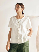 Linen Wide Short-Sleeved Top SERAPHINA - TOPS-Linen Button Down Shirts