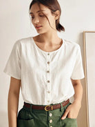 Linen Wide Short-Sleeved Top SERAPHINA - TOPS-Linen Button Down Shirts