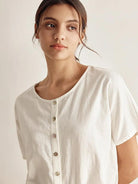 Linen Wide Short-Sleeved Top SERAPHINA - TOPS-Linen Button Down Shirts