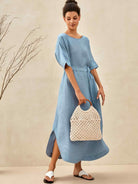 100% Linen Loose Fit Kimono Maxi Dress MADDIE - DRESSES-Linen