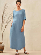 100% Linen Loose Fit Kimono Maxi Dress MADDIE - DRESSES-Linen