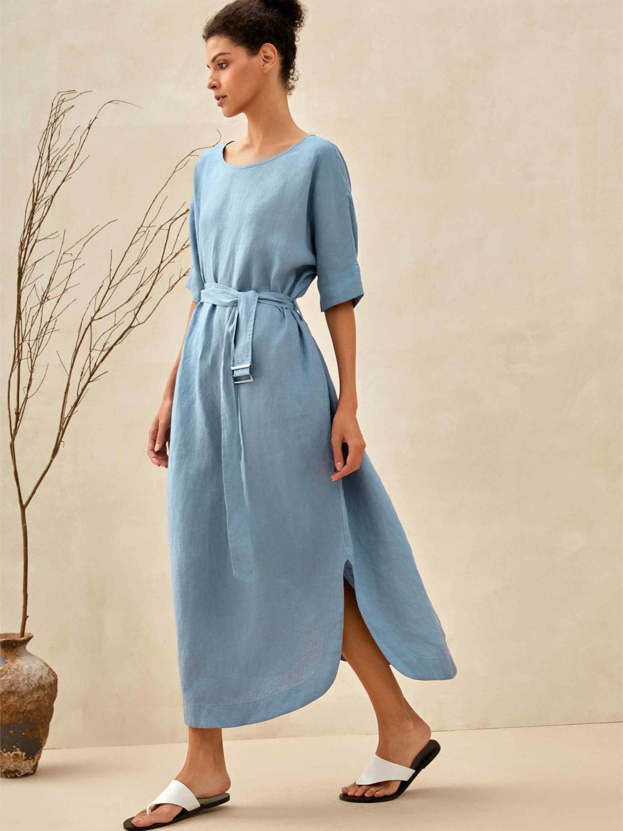 100% Linen Loose Fit Kimono Maxi Dress MADDIE - DRESSES-Linen