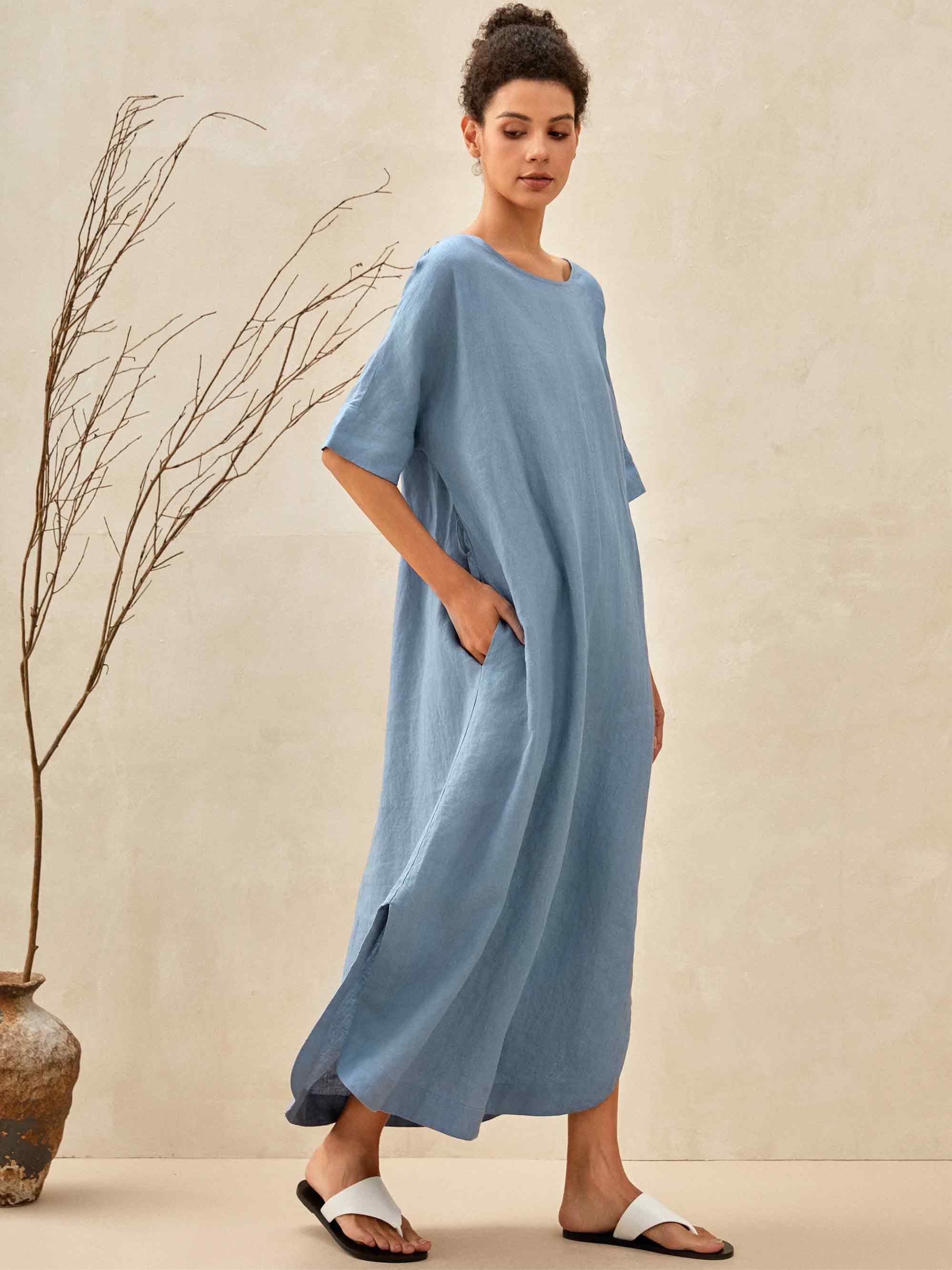 100% Linen Loose Fit Kimono Maxi Dress MADDIE - Powder Blue / S - DRESSES-Linen